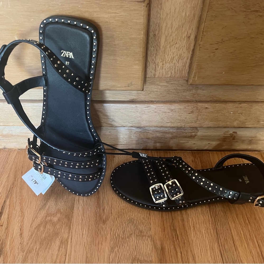 Zara Black Leather Sandal - never worn with tags